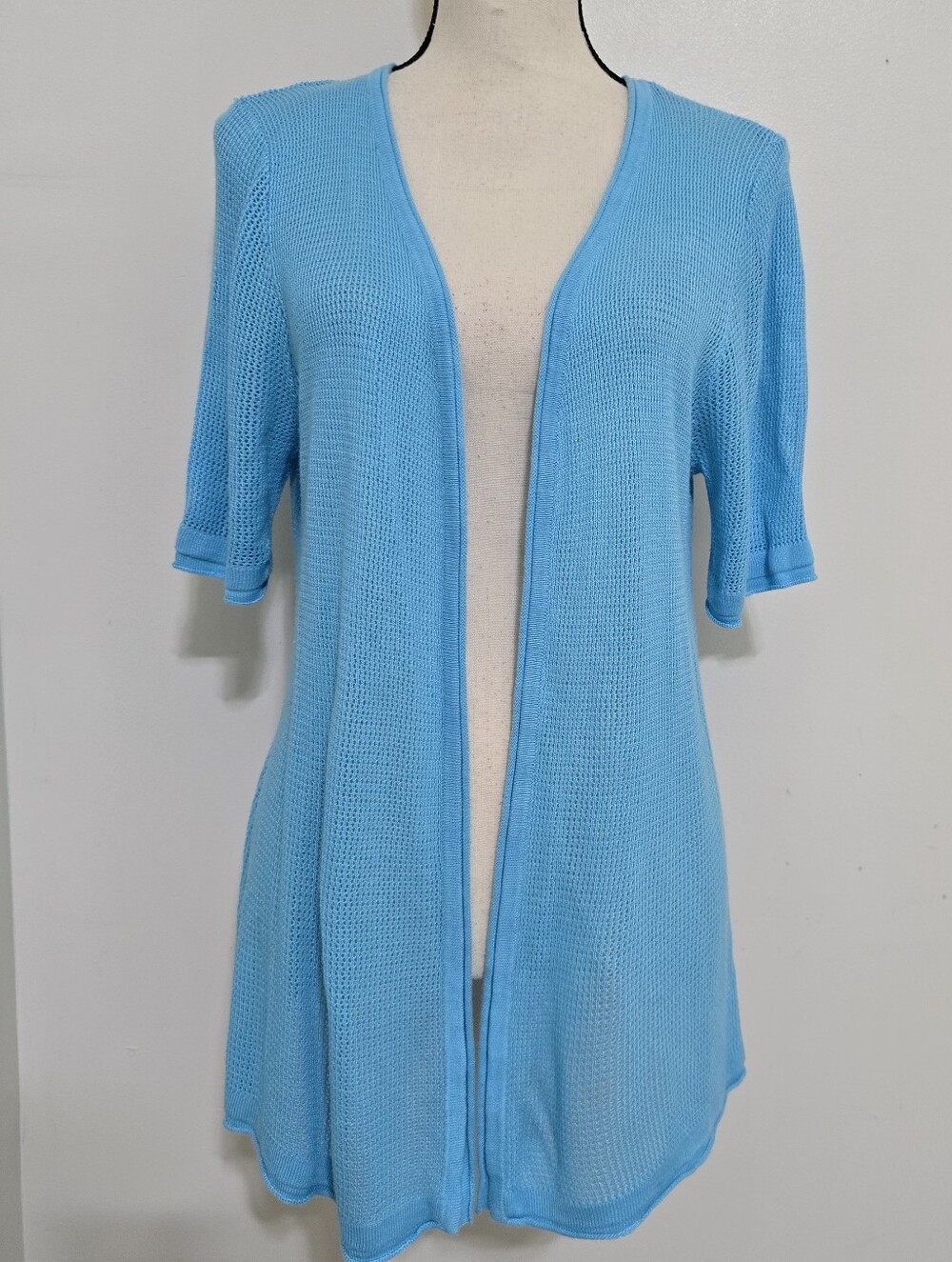 Joseph A size Large Short Sleeve  Open Knit Cardigan Sweater Boho Beach Blue